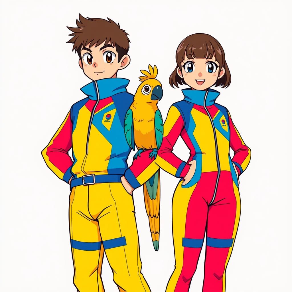 Anime Brother and Sister Duo with Vibrant Parrot Companion
