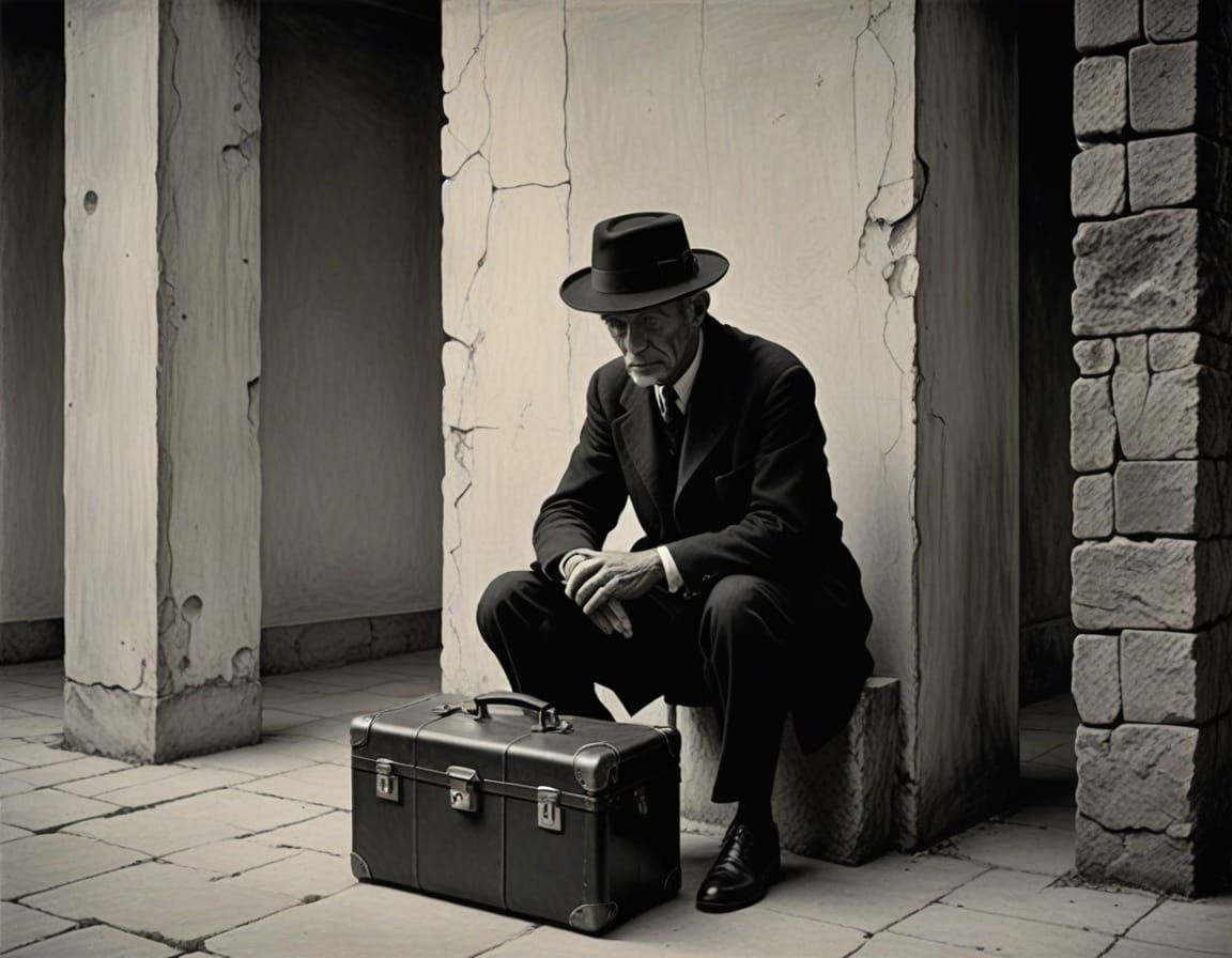 Elegant Man in Suitcase, Waiting in Hopelessness