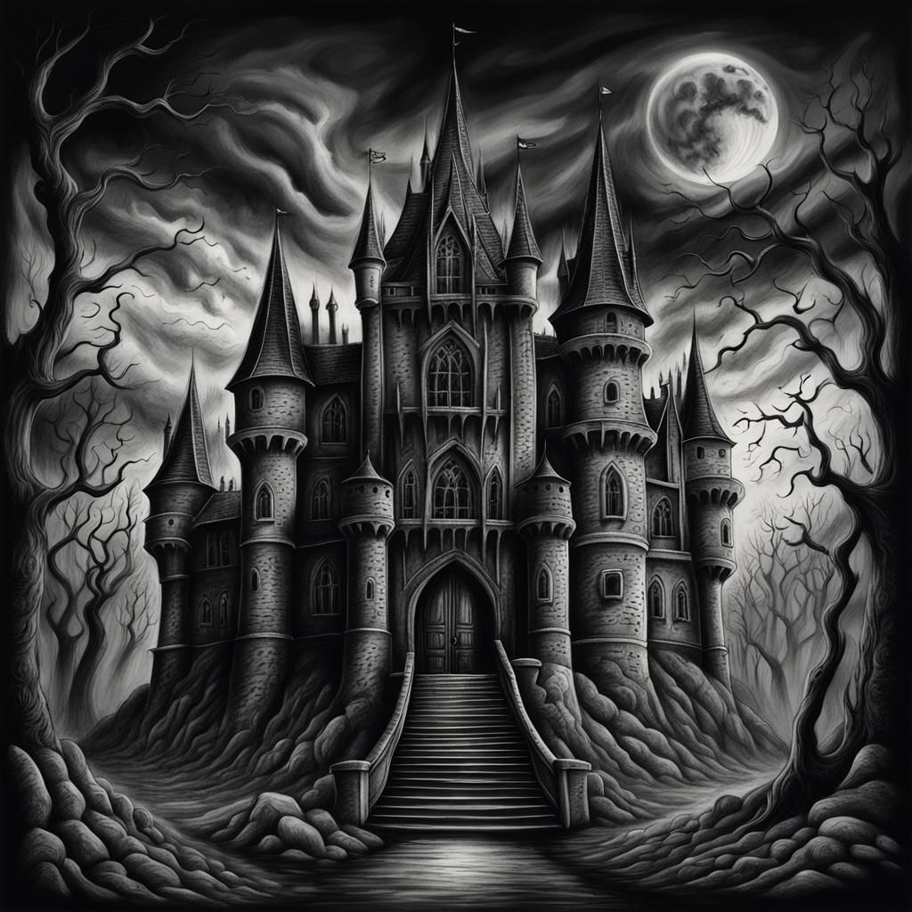 Hyperdetailed Charcoal Drawing of Demonic Gothic Castle