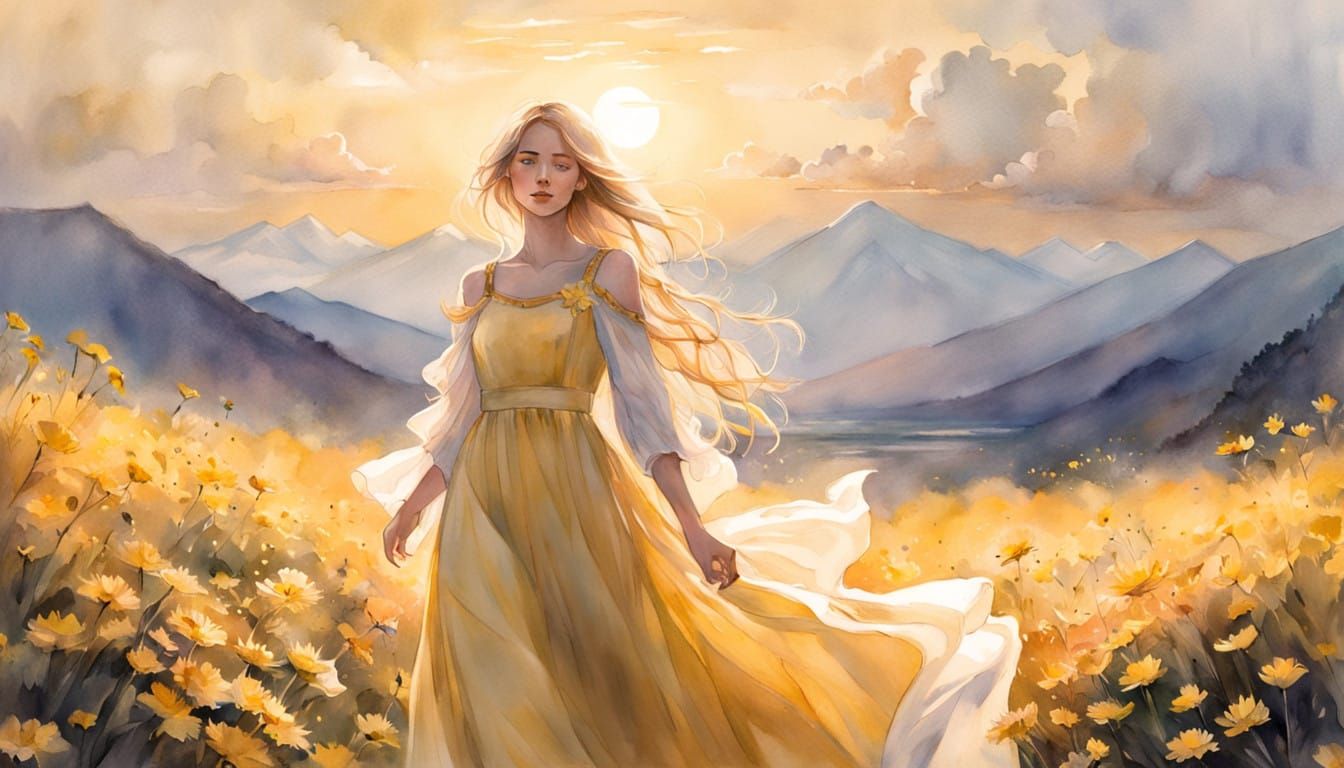 Ethereal Portrait of a Young Woman in a Field of Yellow Dais...