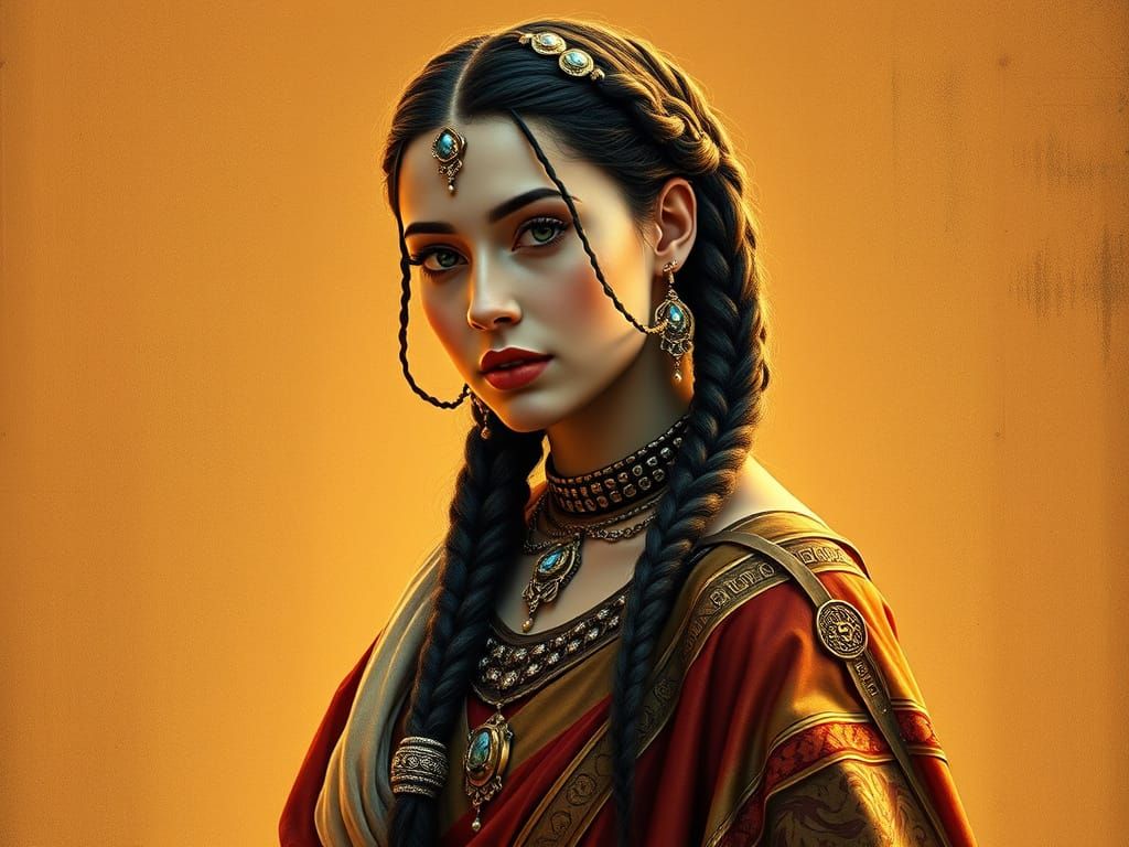 Beautiful woman dressed in 600 A.D. fashion and wearing hair...