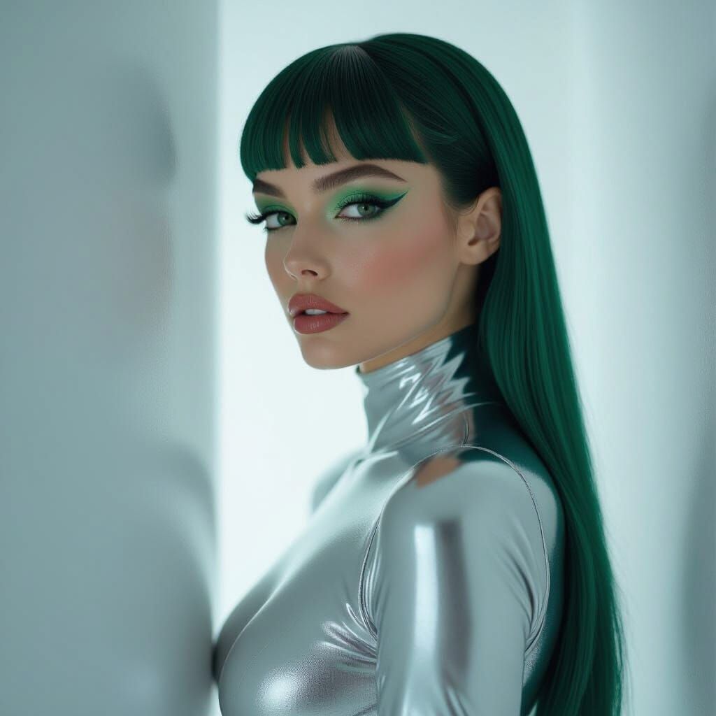 Emerald Haired Woman in Futuristic Fashion