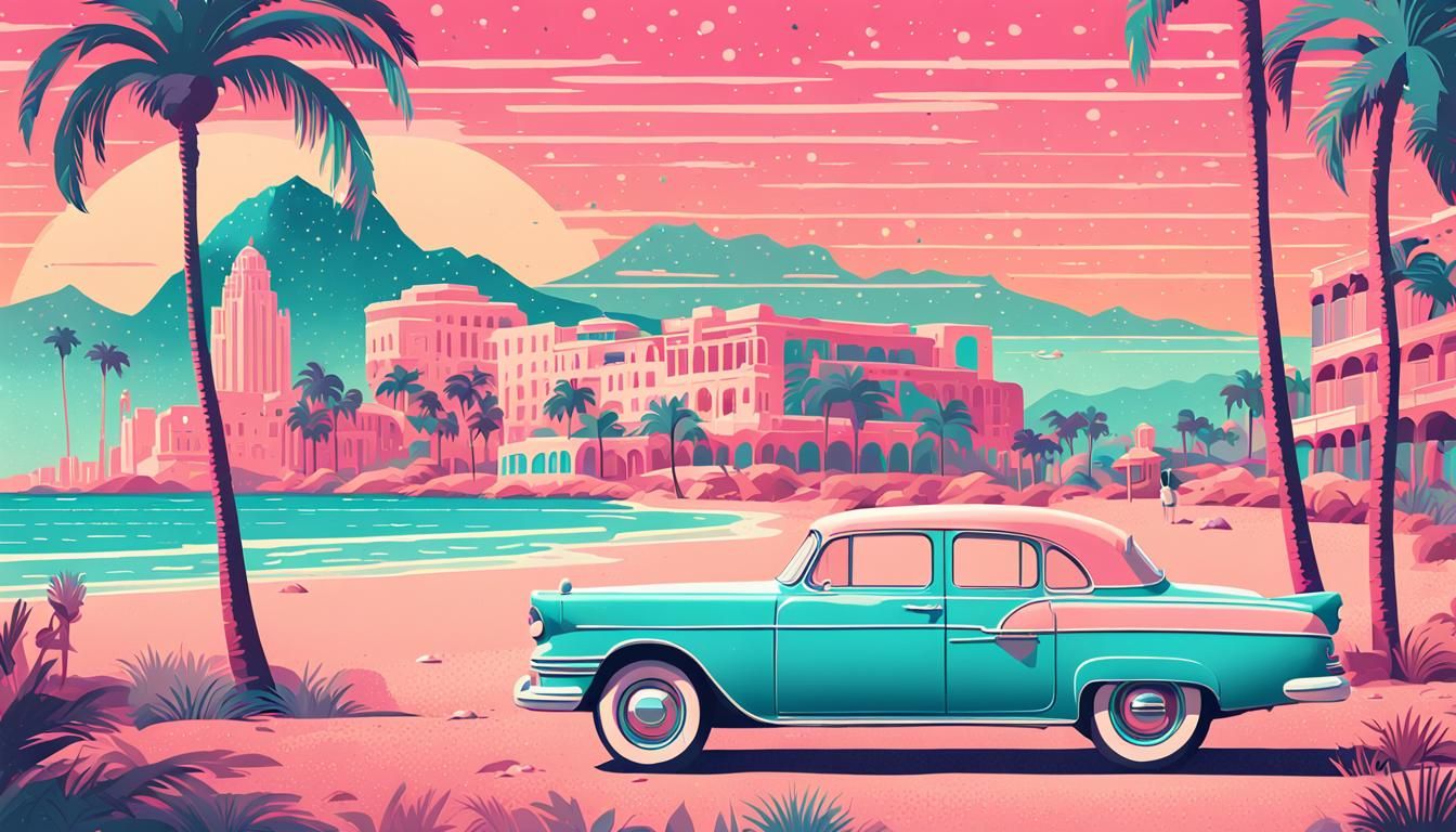 Retro Palm Beach Scene in Pointillist Style