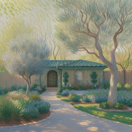 Whimsical Watercolor of an Olive Tree in a Serene Garden