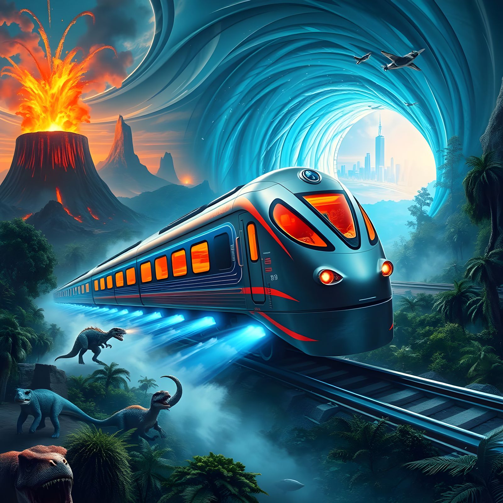 Futuristic Train Emerges from Time Travel Portal into Ancien...