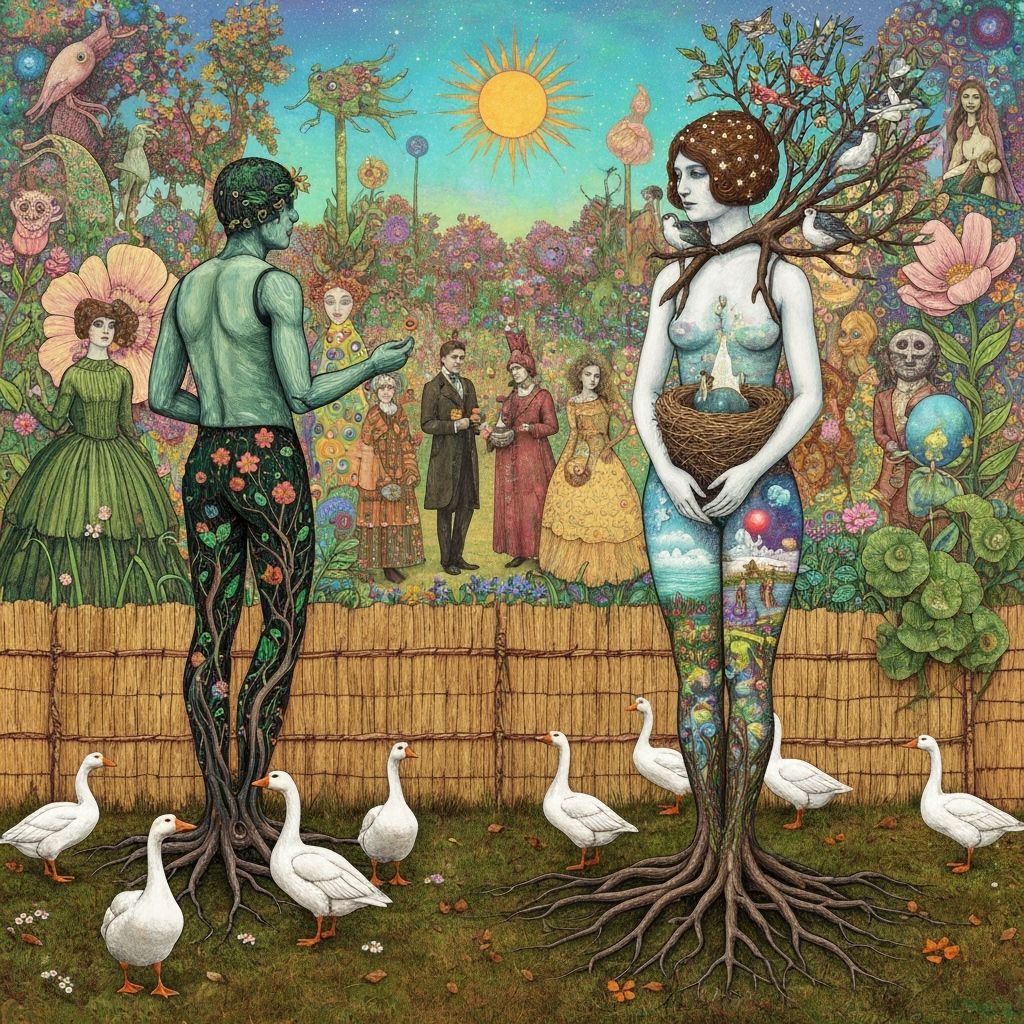 Folkloric Robot with Twins in Surreal Eco-Garden