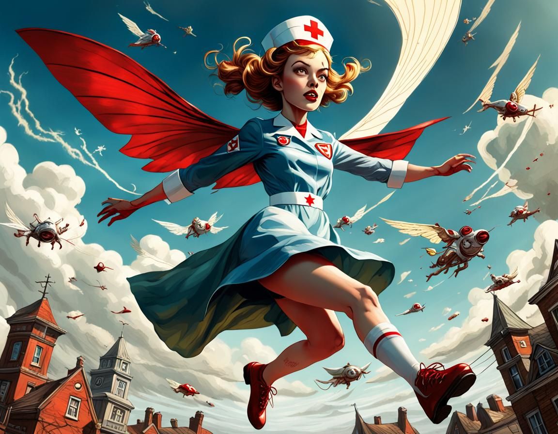 Super-Nurse Flies High: Comic Book Style 3D Render