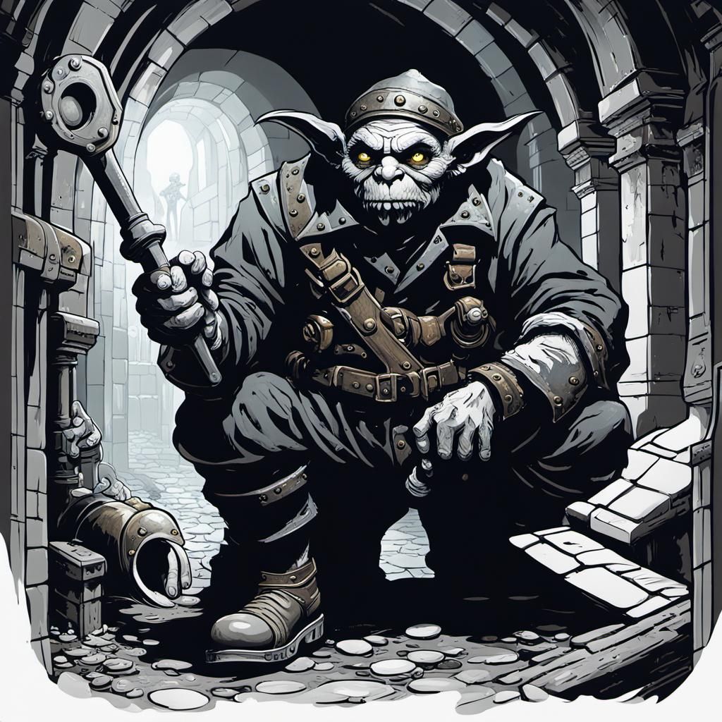 Goblin Plumber in Sewer: Dark Fantasy Concept Art
