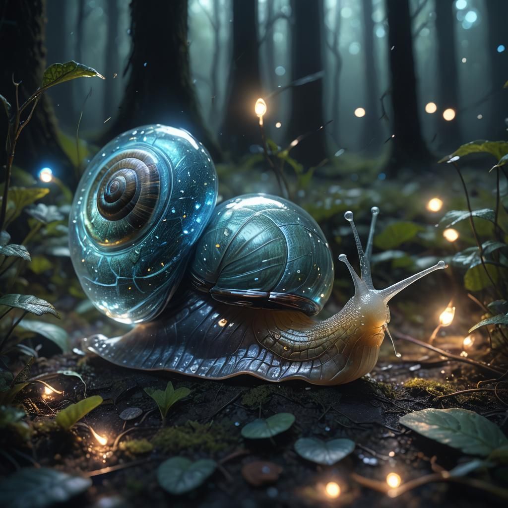 Glowing Glass Snail in Misty Forest