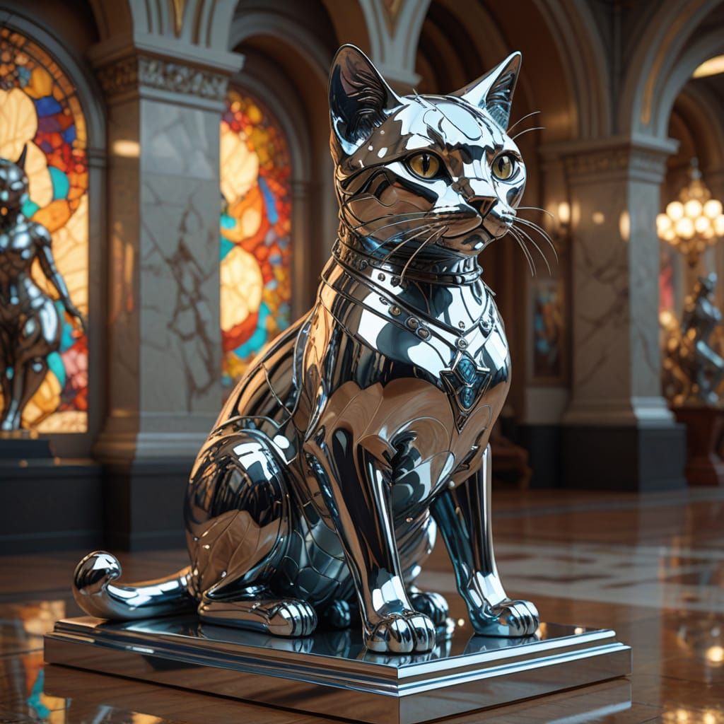 Glamorous Chrome Feline Icon in Museum Glory