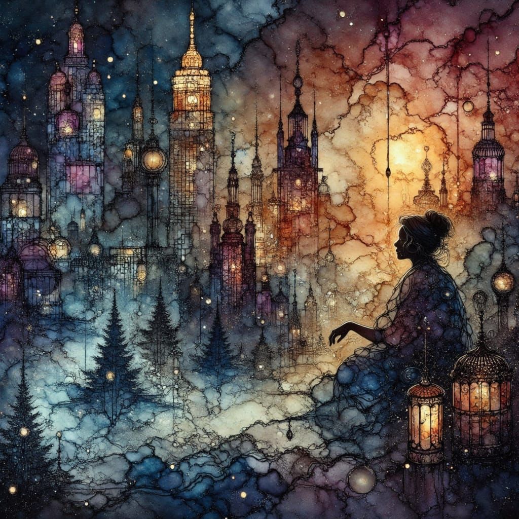 Luminescent Woman in Fading City, Digital Art