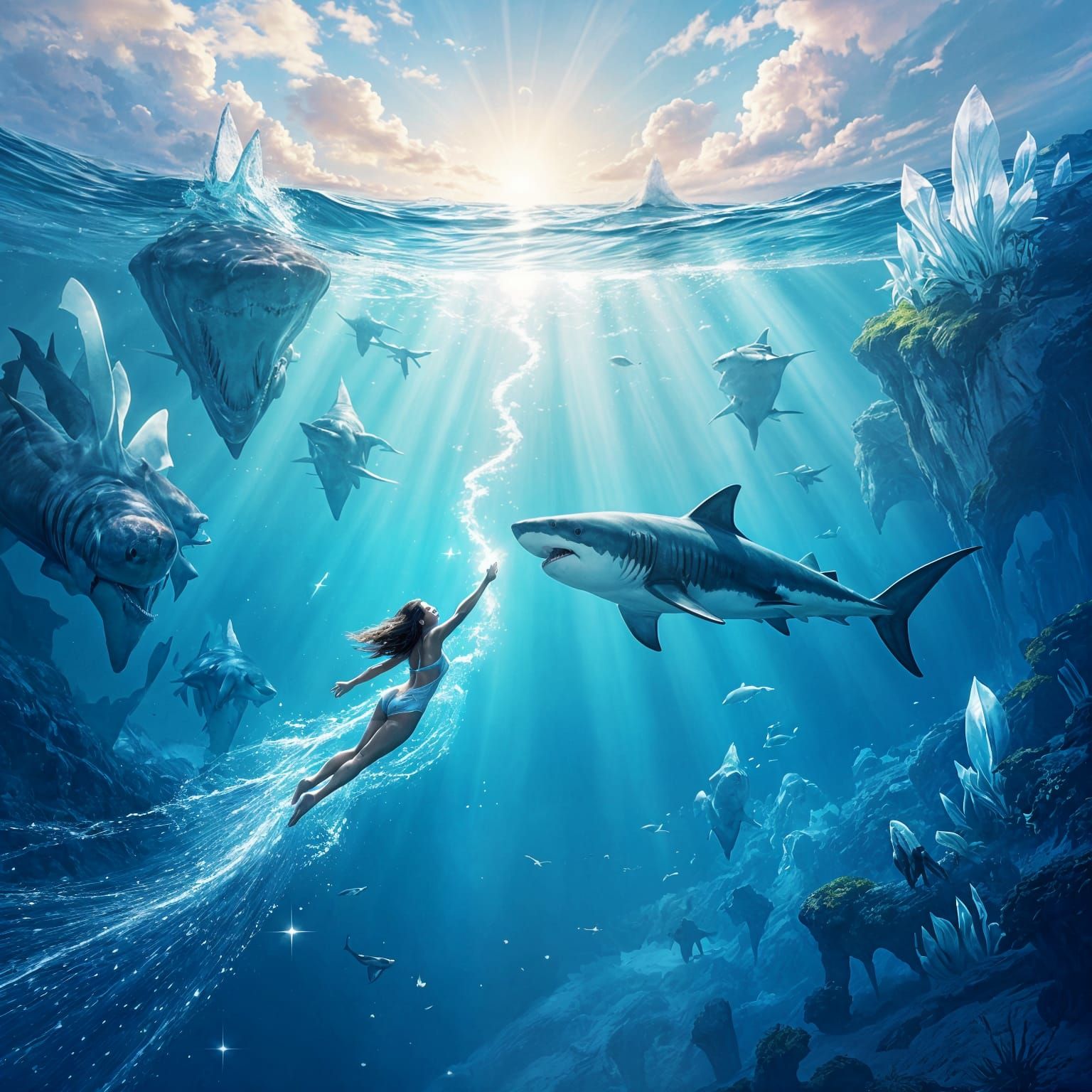 Swimmer and Shark in Celestial River, Trailing Stardust