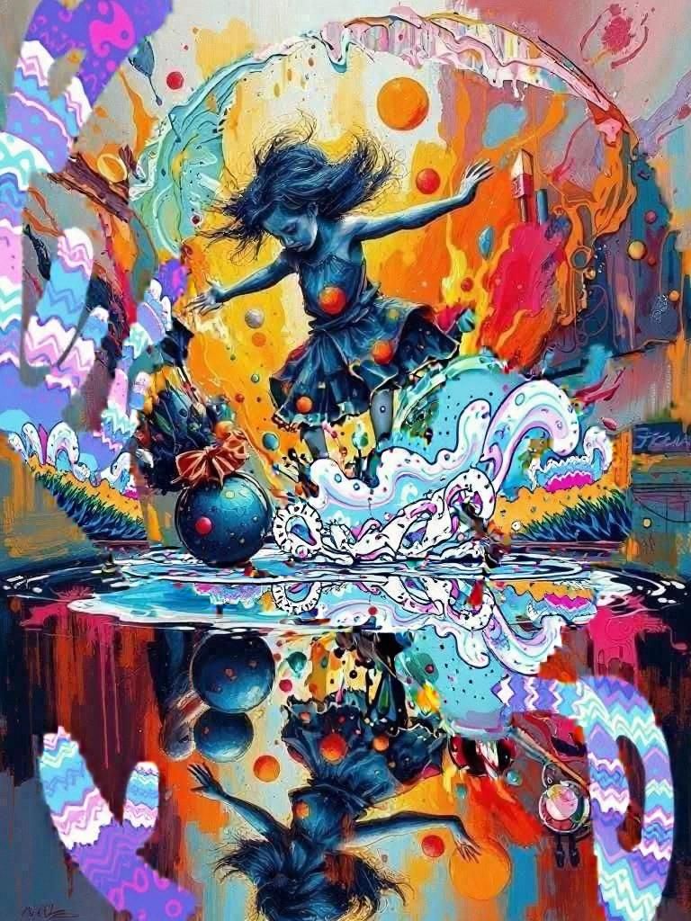 Psychedelic Pixel Art Girl Jumping in Puddle