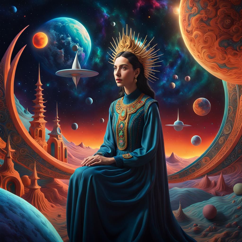 Surreal Celestial Scene of Floating Woman in Space