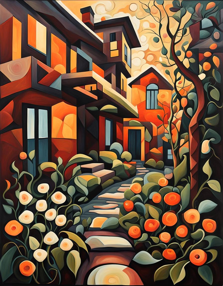 Cubist Garden with Sunbeams as Acrylic Painting