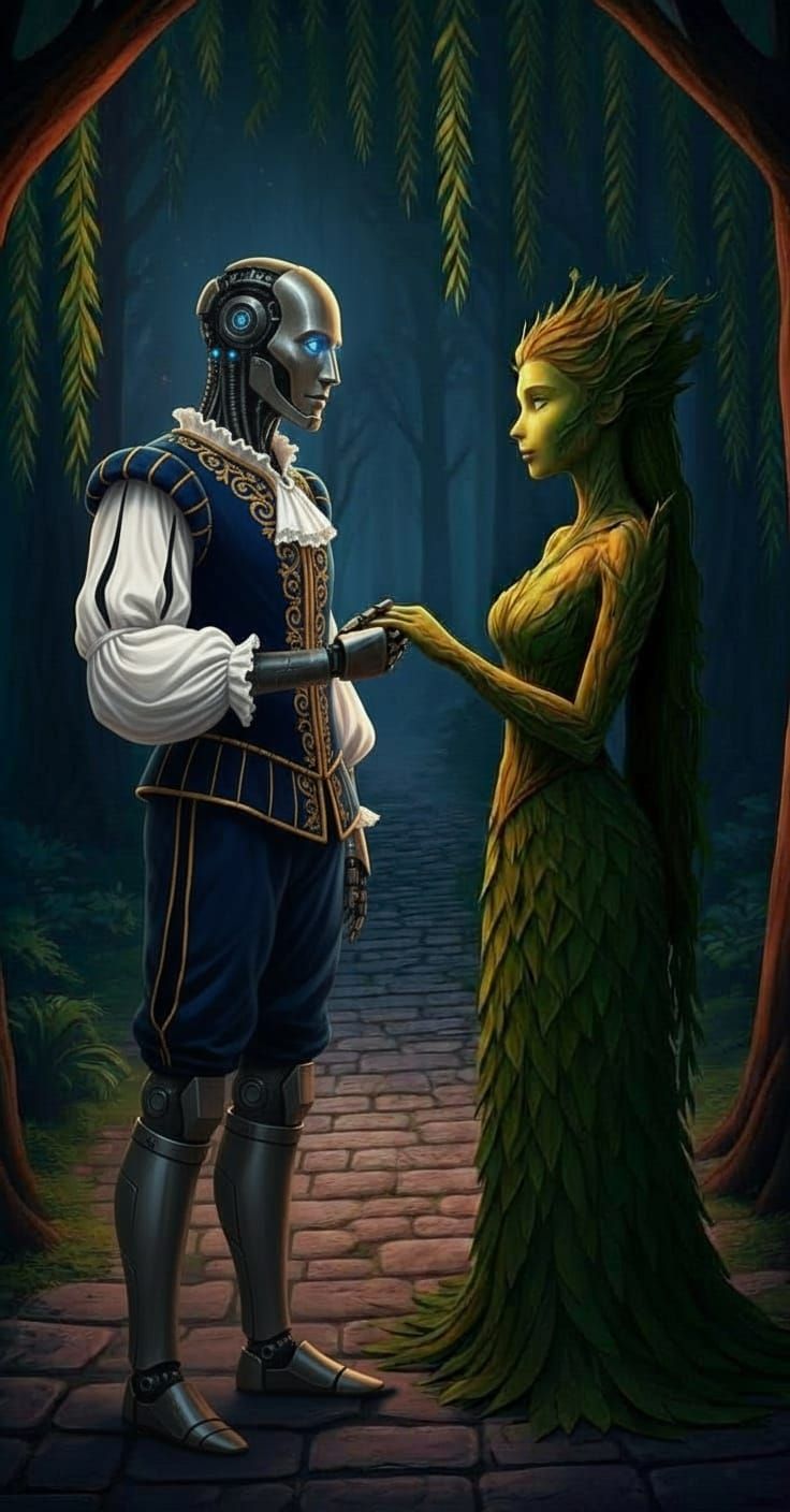 Robot Romeo and Dryad Juliet in a Dramatic Embrace