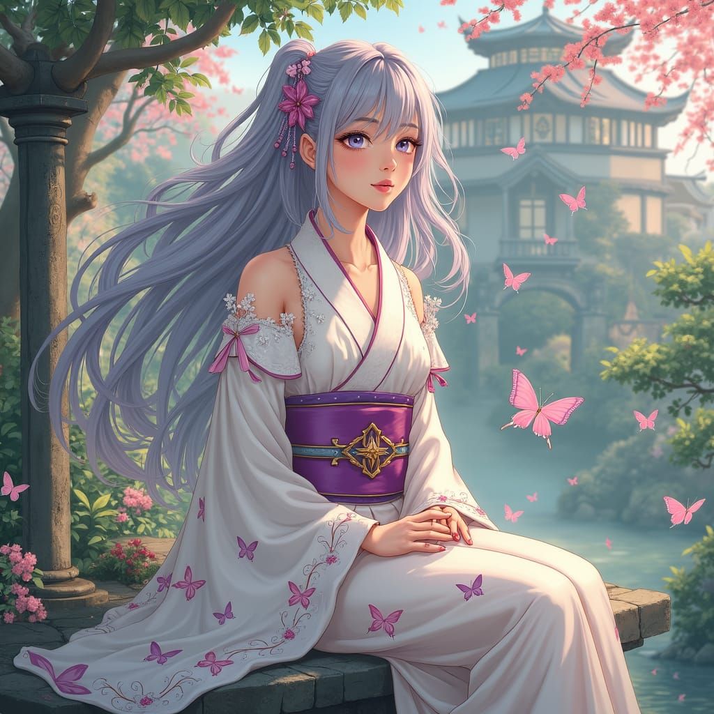 Woman in Kimono by Wishing Well: Anime Concept Art