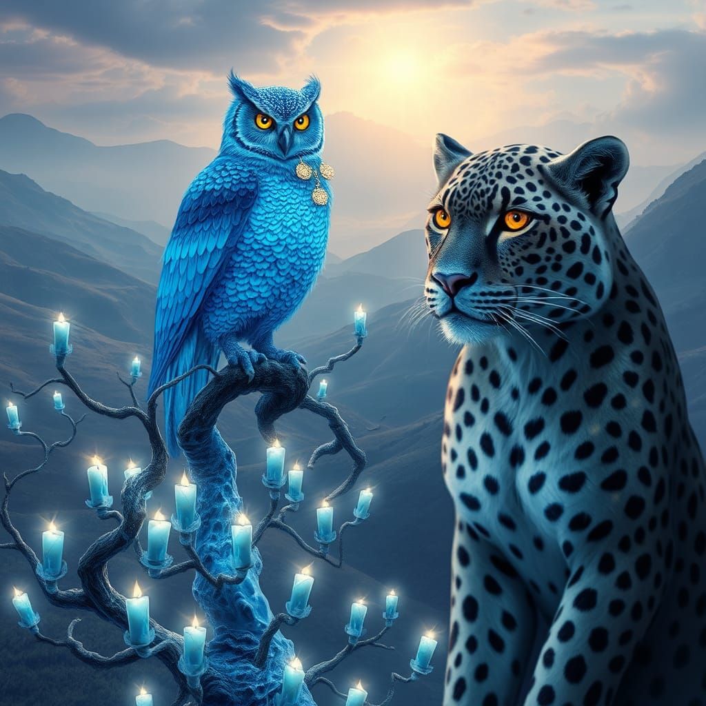 Mystical Blue Owl and Leopard King in Dreamscape
