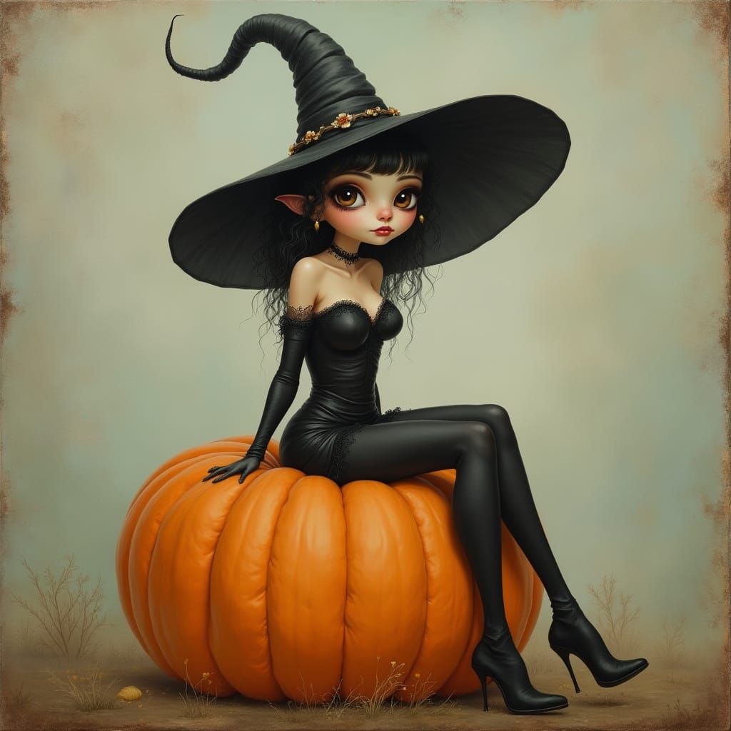 Whimsical Pin-Up Witch on Pumpkin Painting