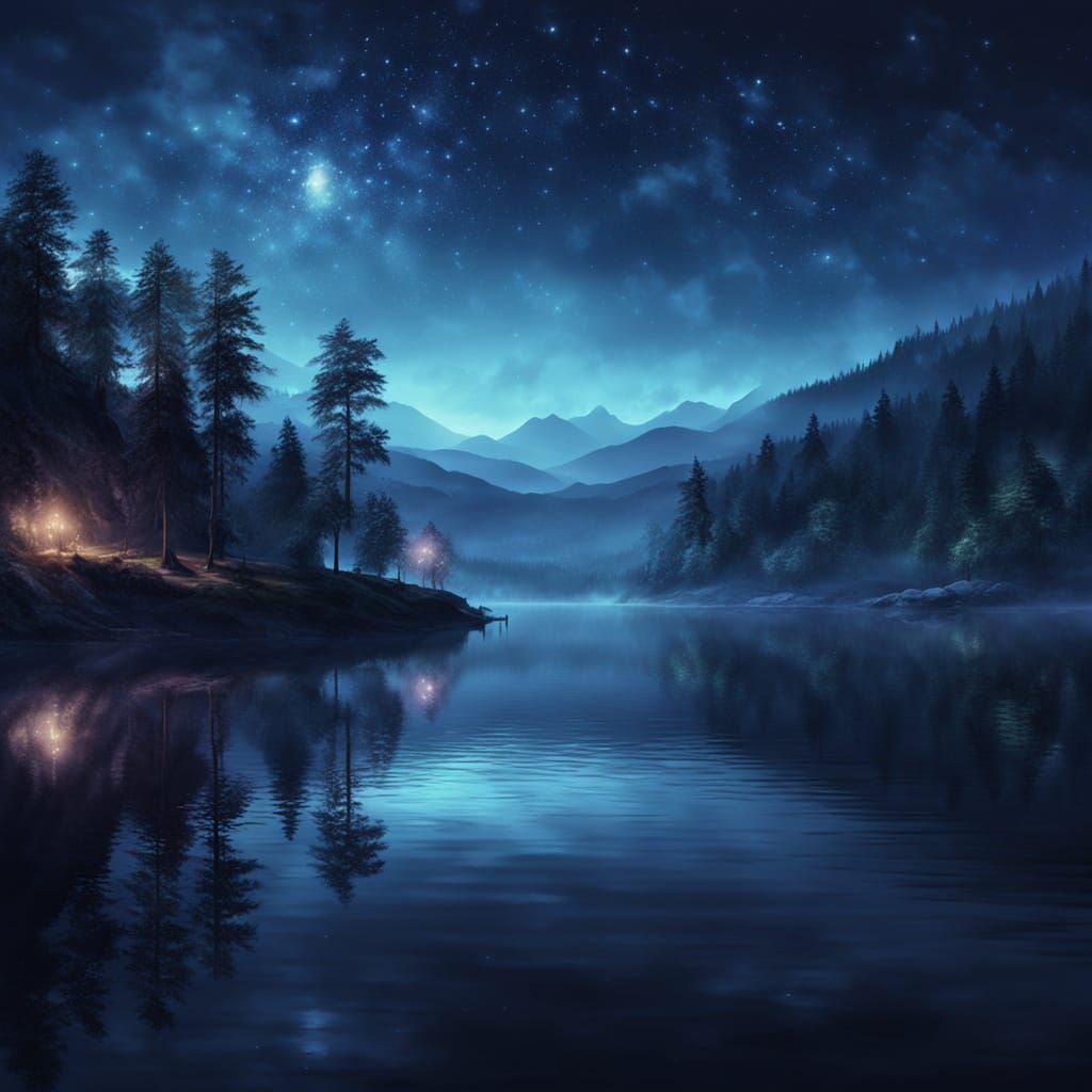 Dreamlike Lake at Night in Oil Painting Style