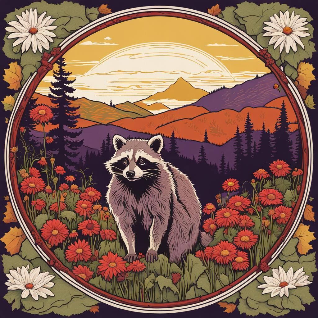 Raccoon in Woodcut Style with Art Nouveau Inspiration
