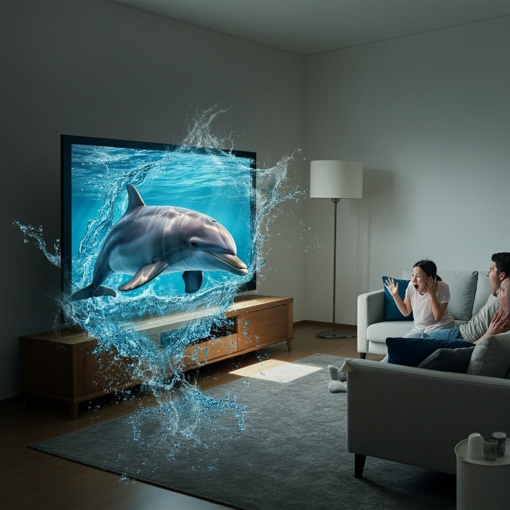 Surreal Scene of Dolphin Emerging from TV into Cozy Living R...