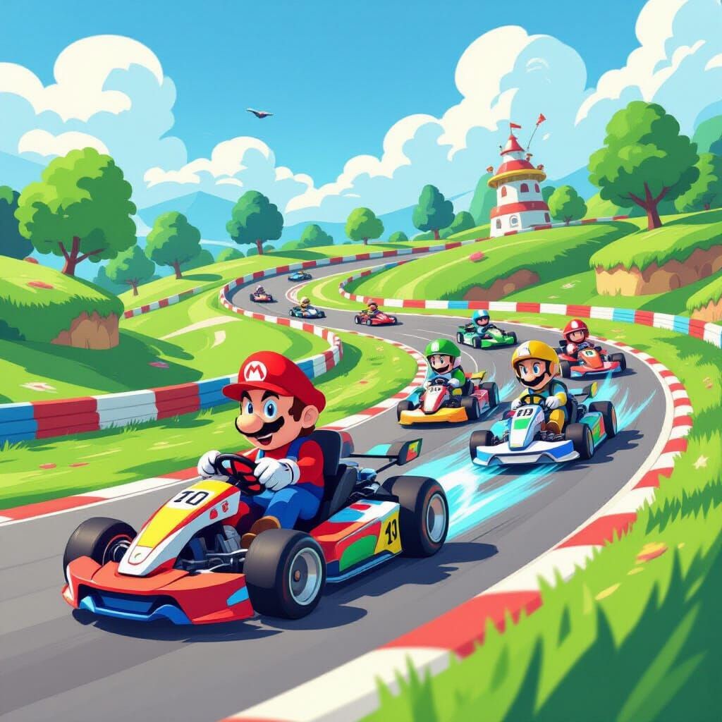 Mario Kart Characters Racing on a Winding Track
