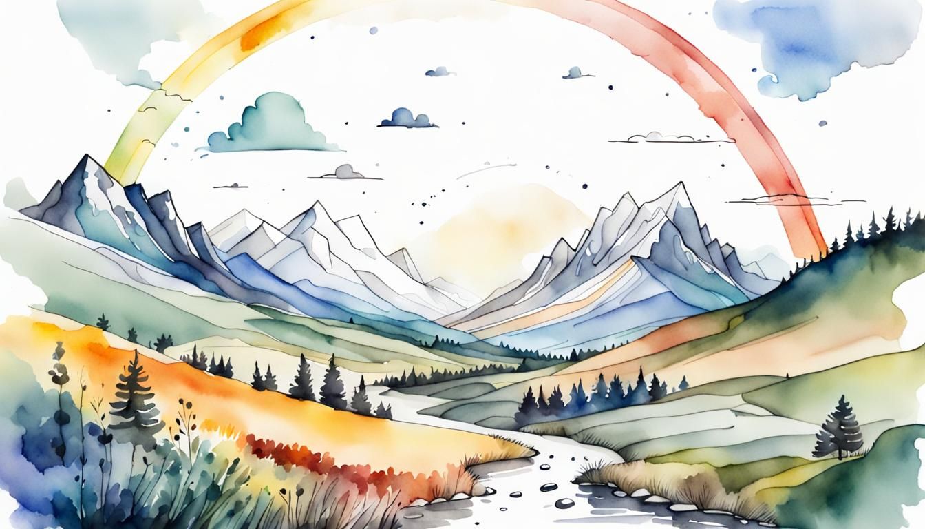 Watercolor and Ink Landscape with Rainbow