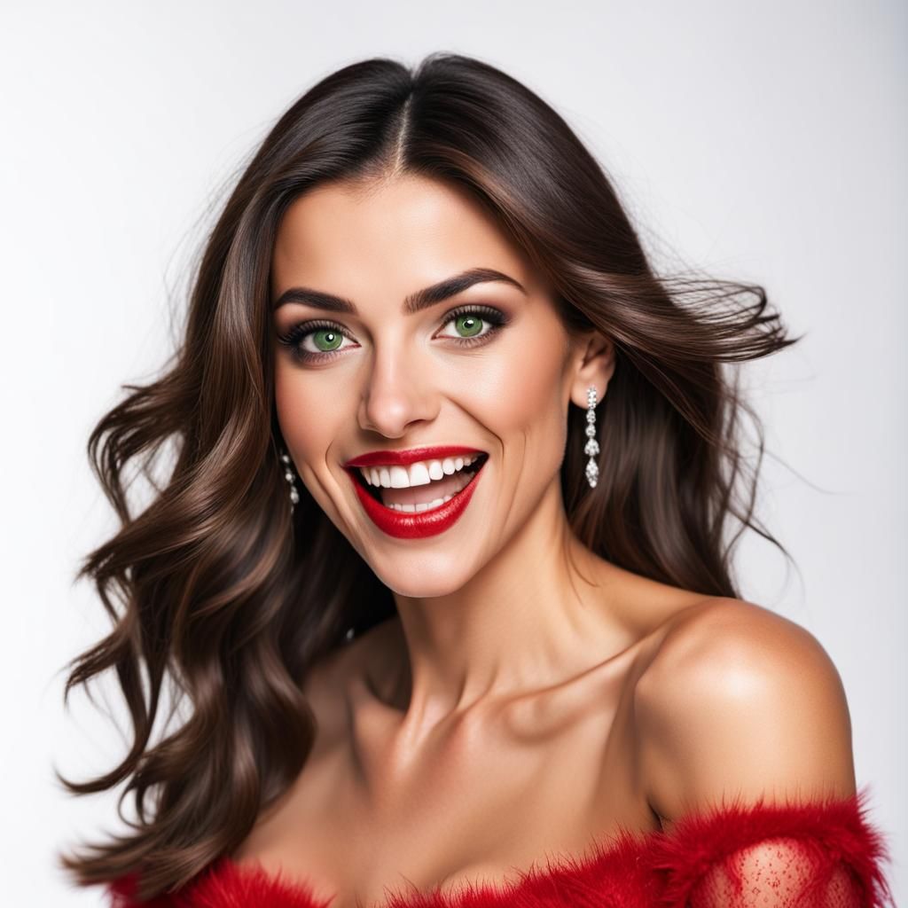 Italian Model in Red Christmas Dress, Studio Shot