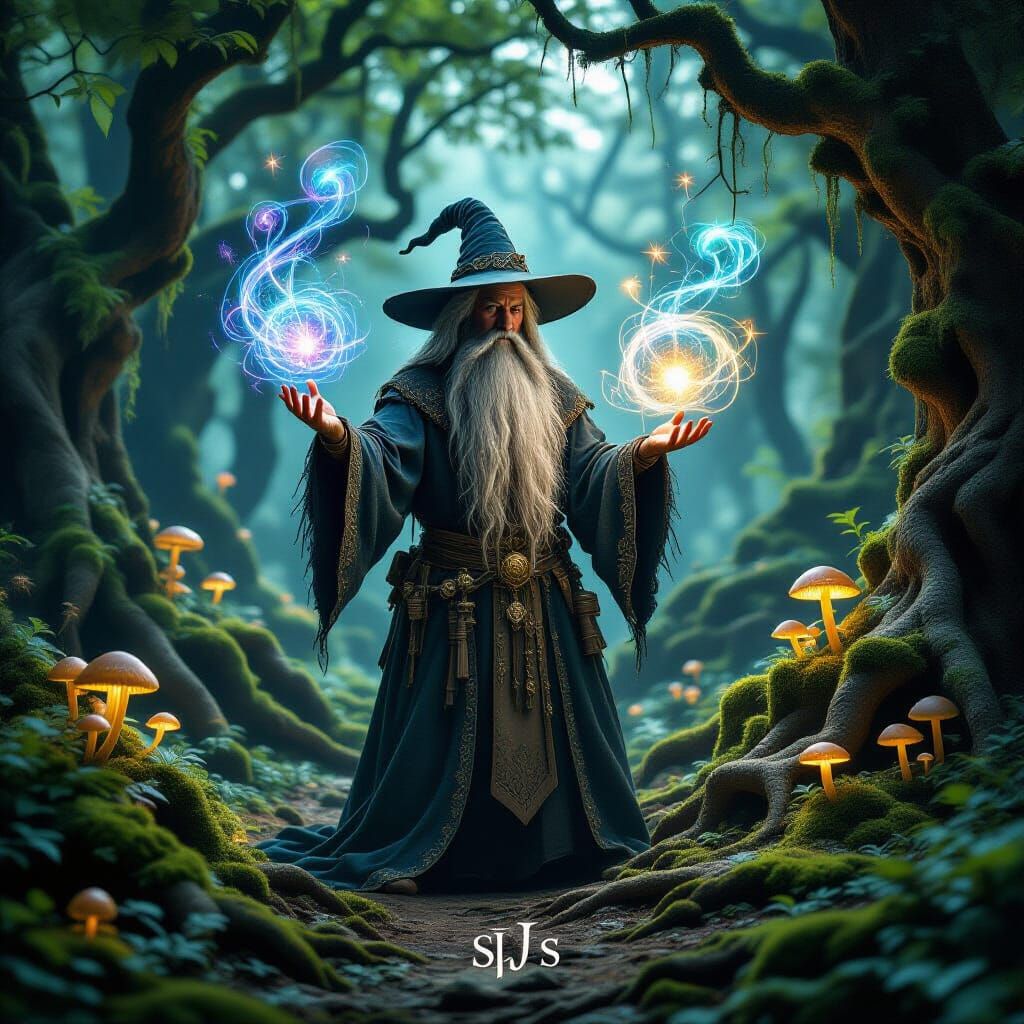 Ancient Wizard Conjuring Illusions in Enchanted Forest