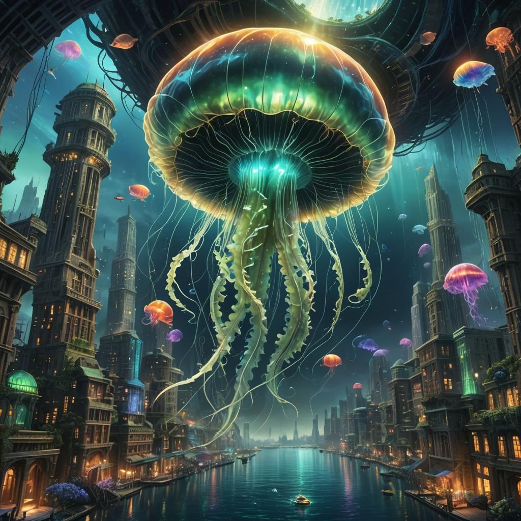 Glowing Jellyfish in Future Underwater City