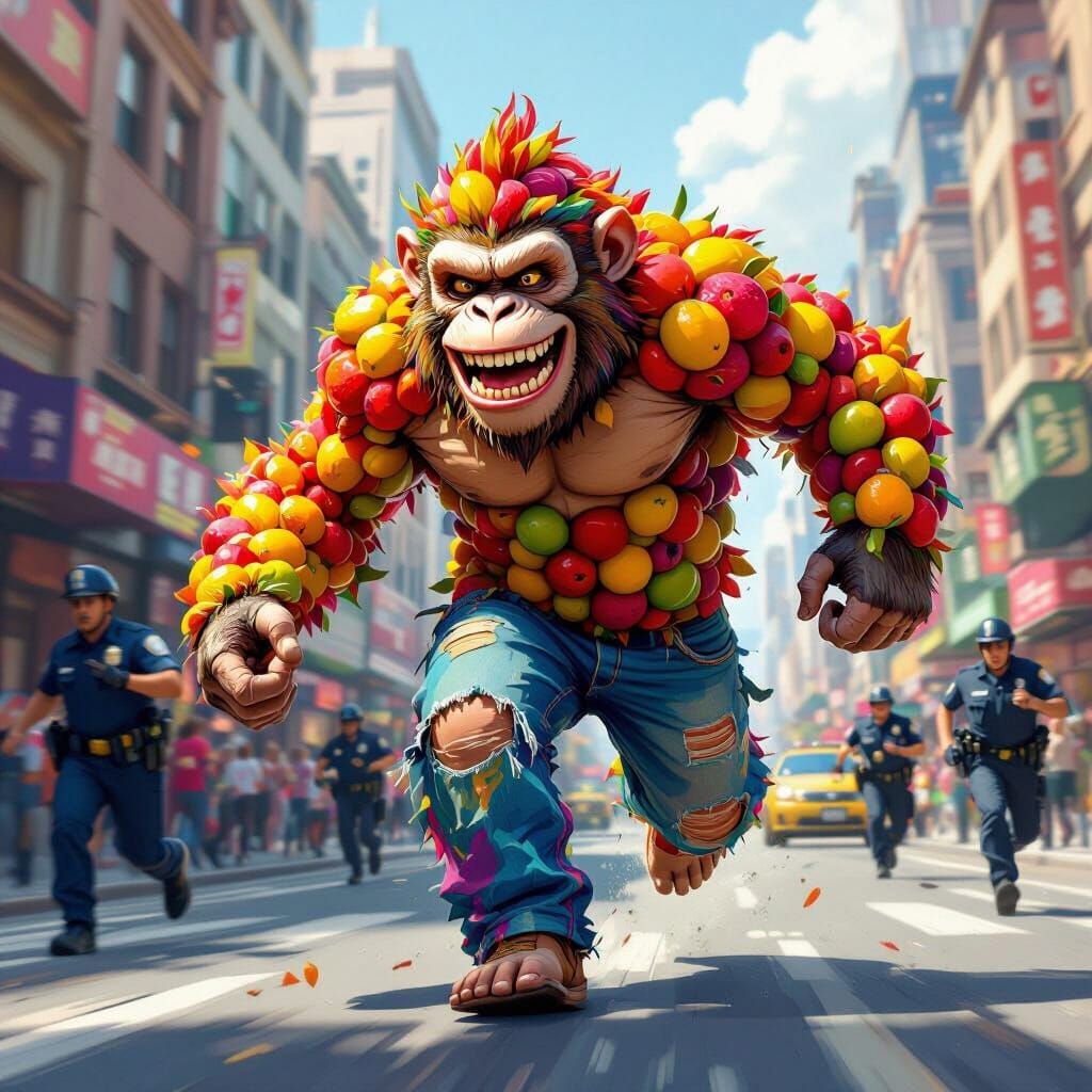 Fruit-Bodied Monkey Chase Scene in City