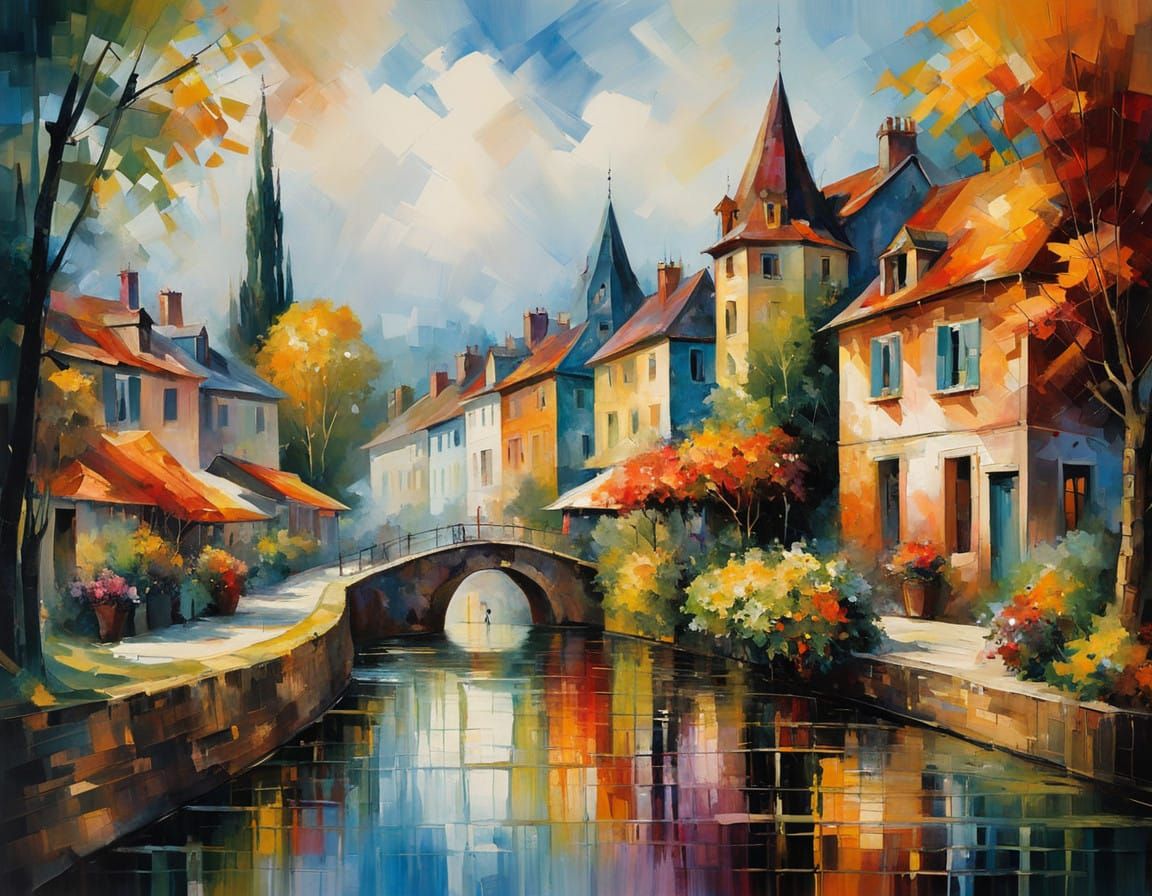 Impressionist Morning Village Scene in Gouache Style