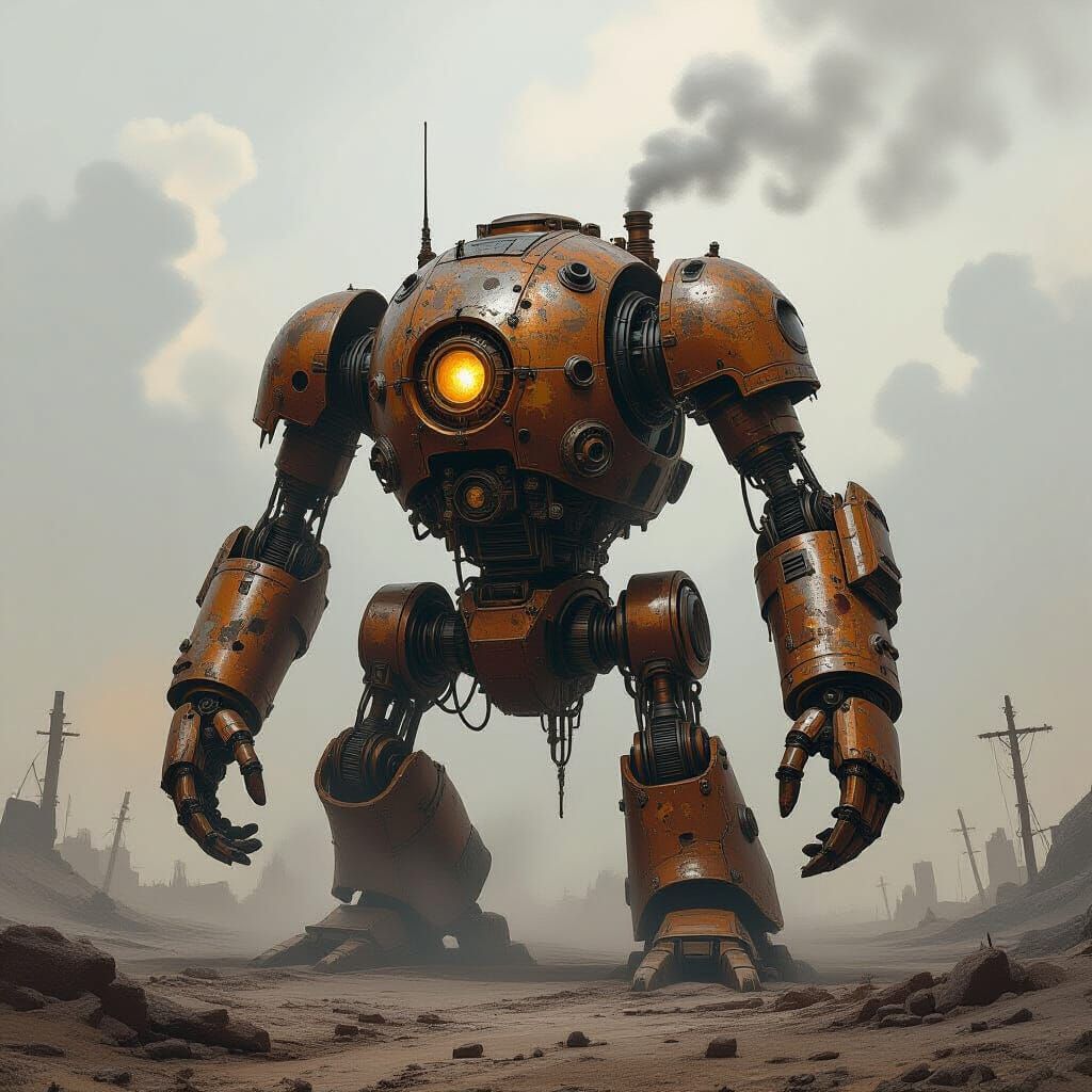 Steampunk Automaton in War-Torn Wasteland
