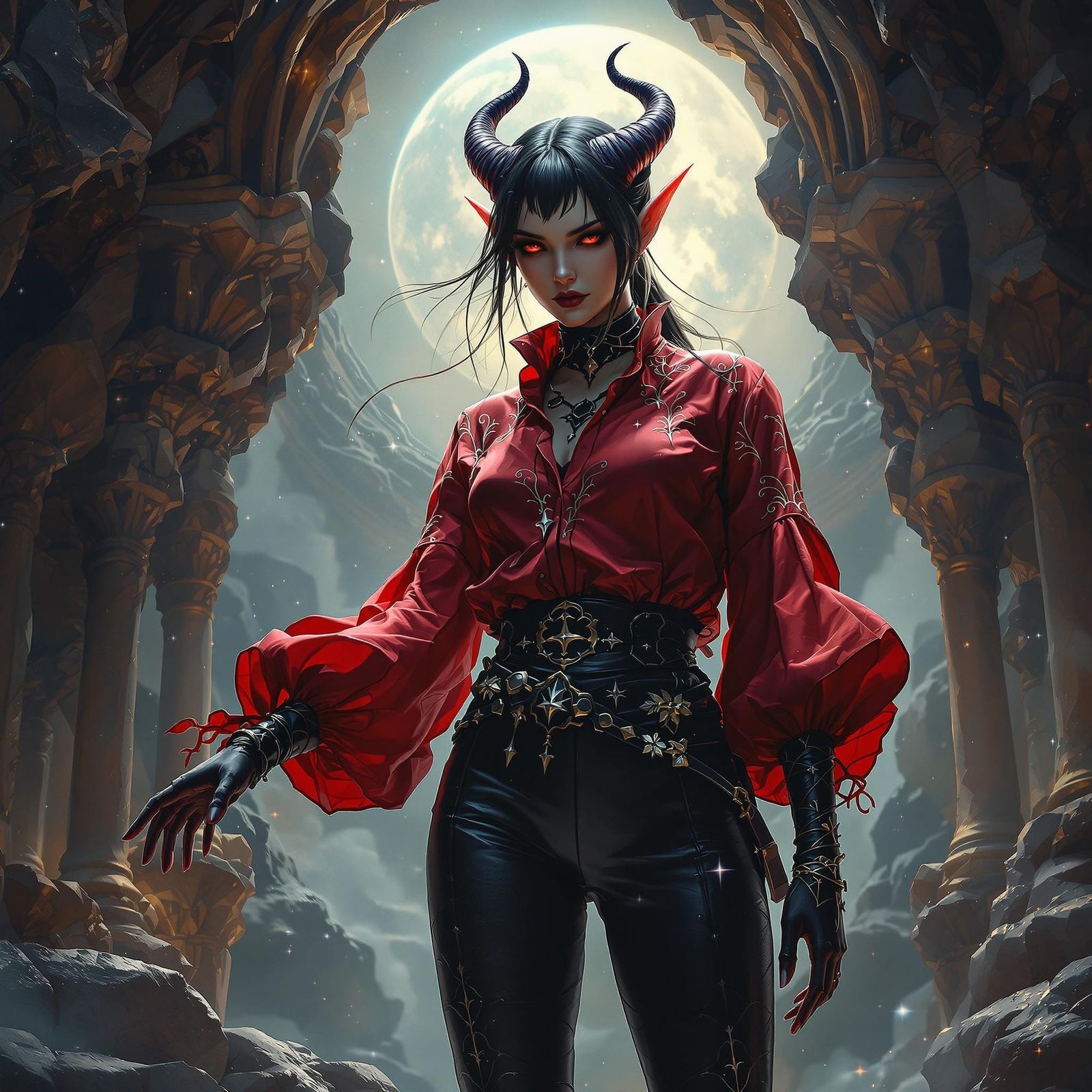 Thiefling with red shirt and black leather pants