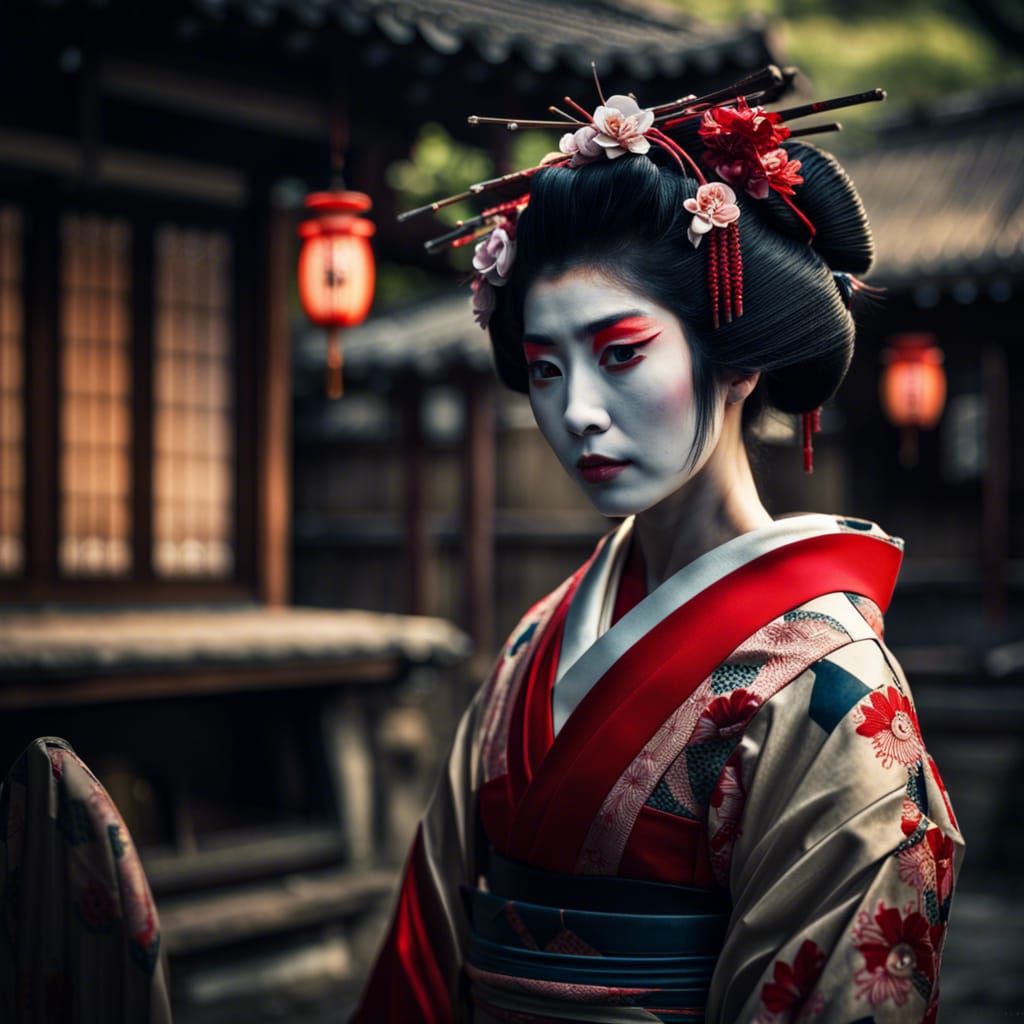 Geisha in Japanese Village: Hyperrealistic Digital Photograp...