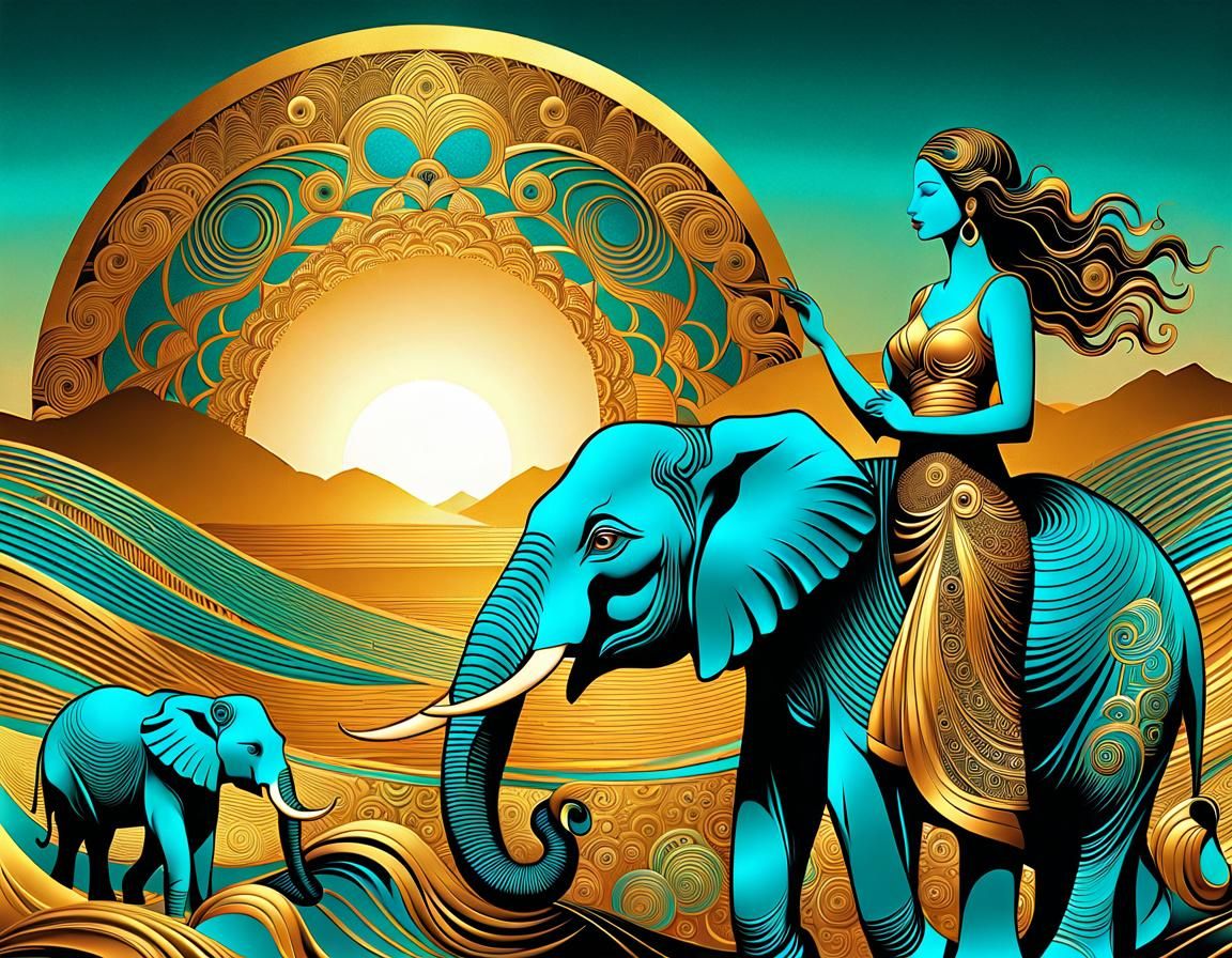 Woman and Elephant in Gold and Turquoise Art Brut