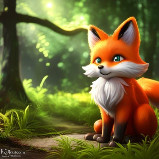 Cute Cartoon Fox in Forest: Hyper-Realistic Render