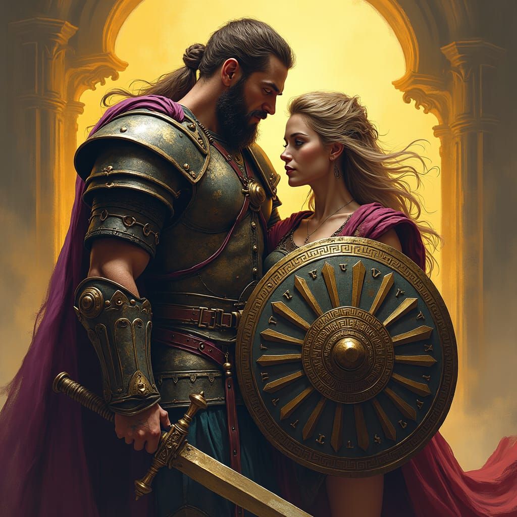 Warrior Protected by Shieldmaiden in Dark Fantasy Style