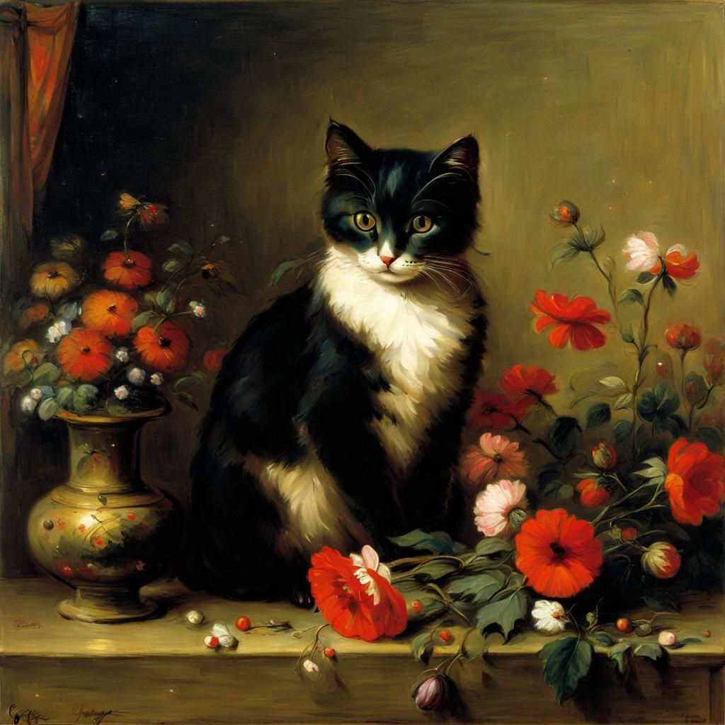 Whimsical George Inness Landscape with Cat and Blooming Flow...