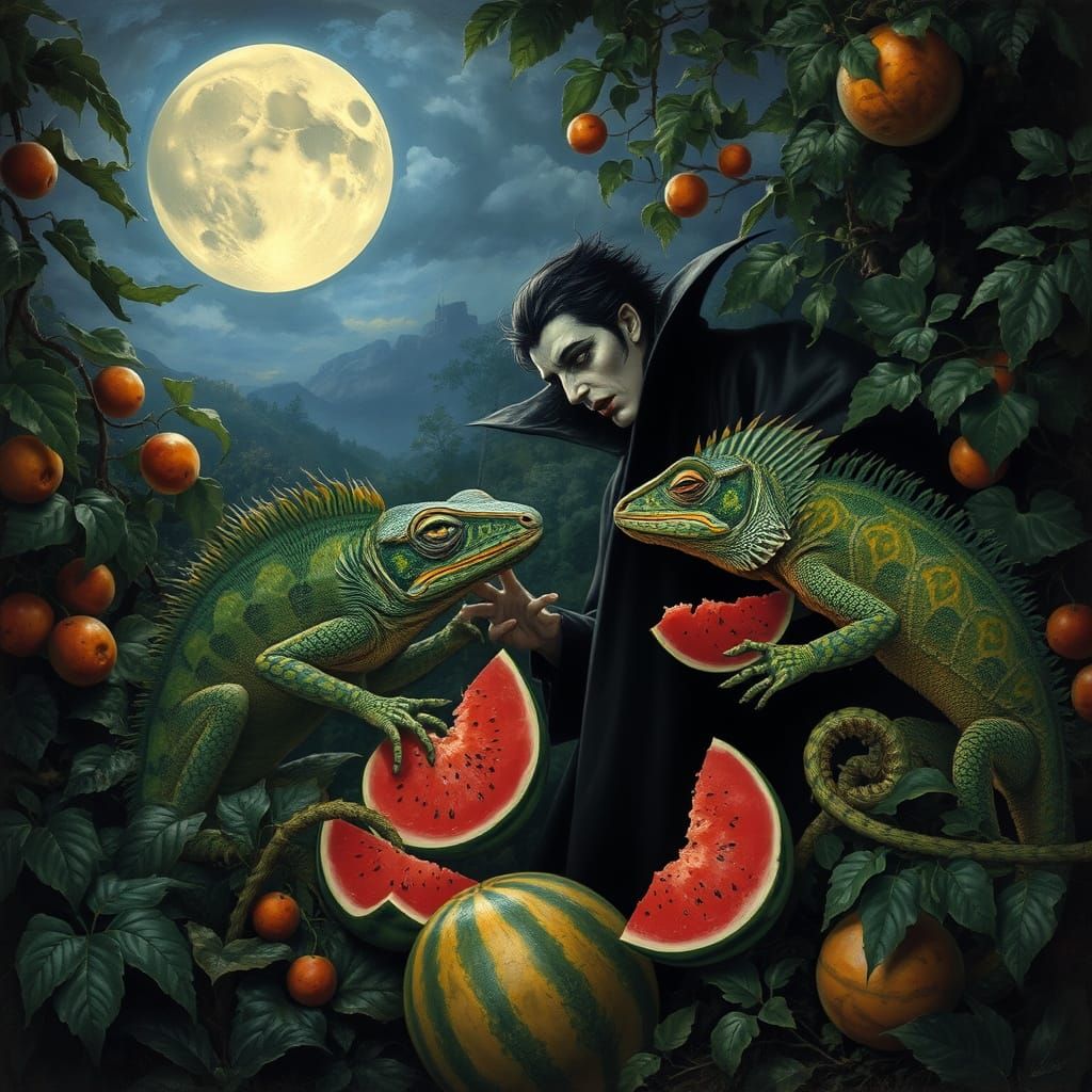 Vampire & Chameleon Eating Watermelons in Moonlit Garden