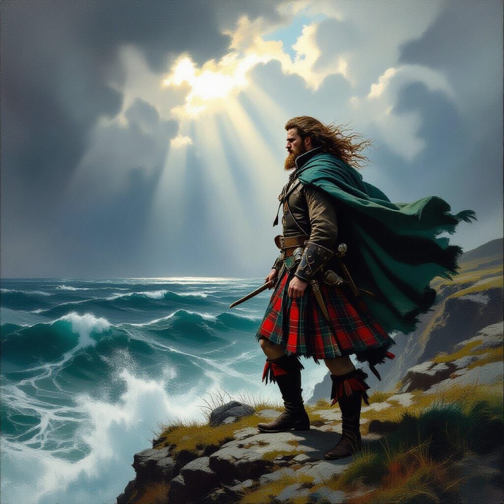 Highlander on Windswept Cliff in Oil Painting Style