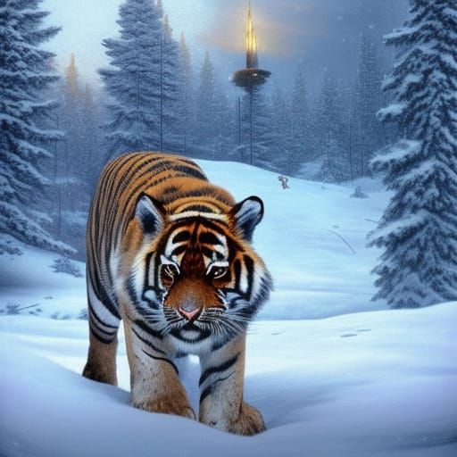 Fantastical Snow Tiger, Detailed Matte Painting