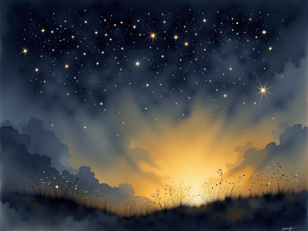 Golden Sunset Meets Starry Night in Watercolor
