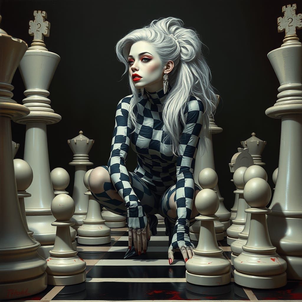 A surreal and androgynous female figure with bright blood red lipstick and long white hair intricately styled in an eleg...