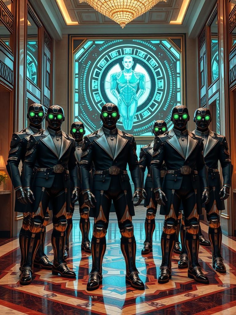 Tactical Cyborg Agents Guard Art Deco Lobby