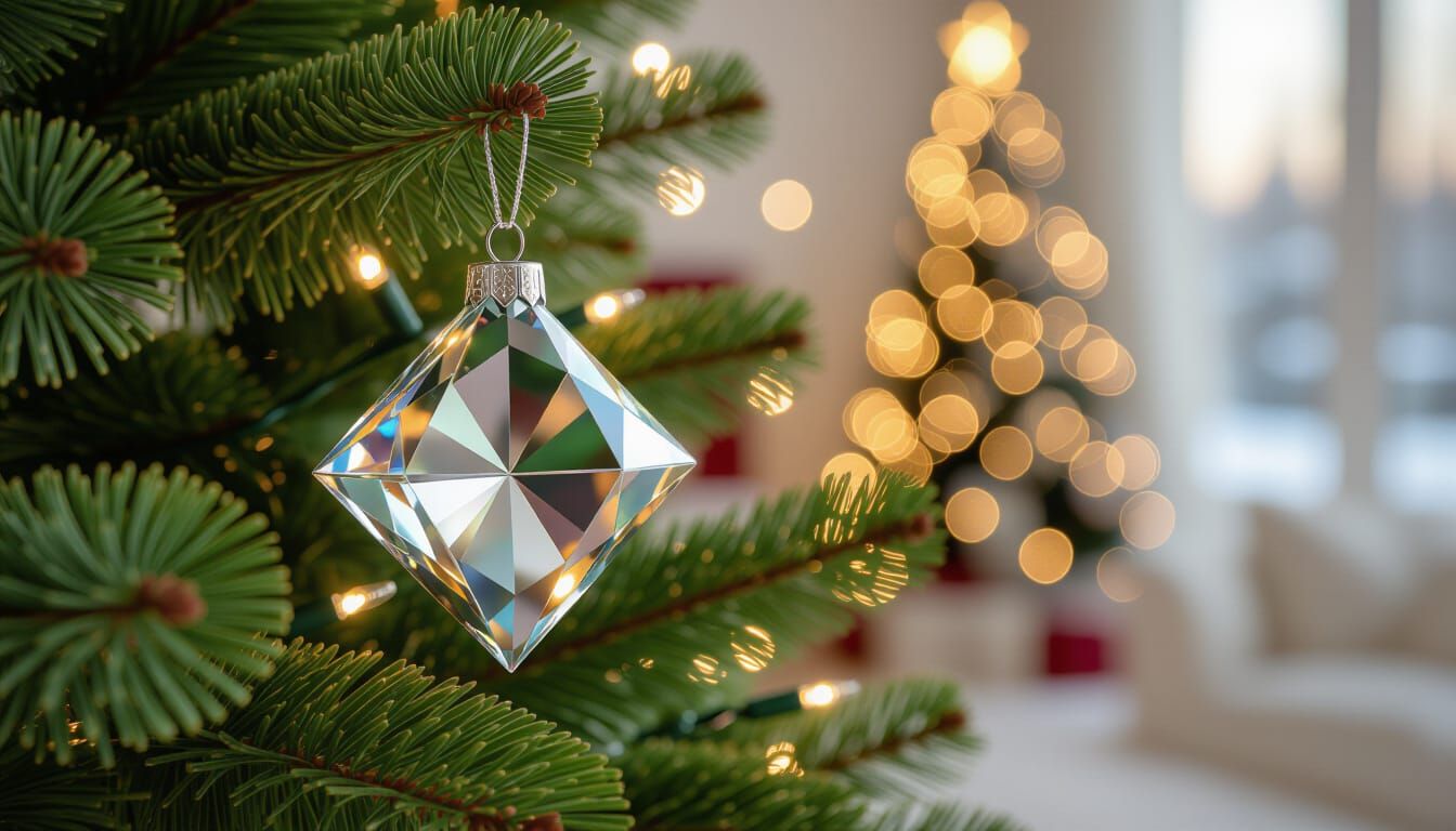 Sparkling Diamond Ornament on Pine Branch