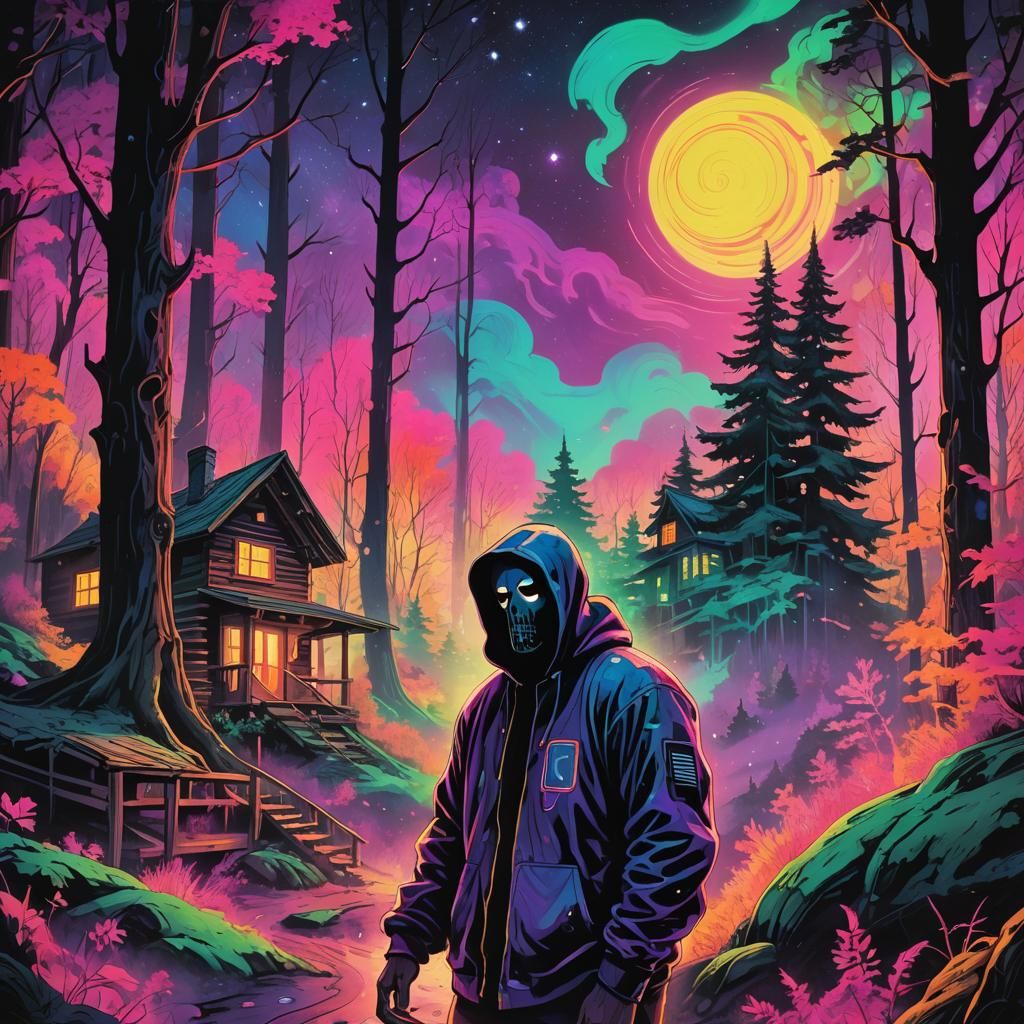 Ghostface in Neon Woods: A Surreal Galactic Vision
