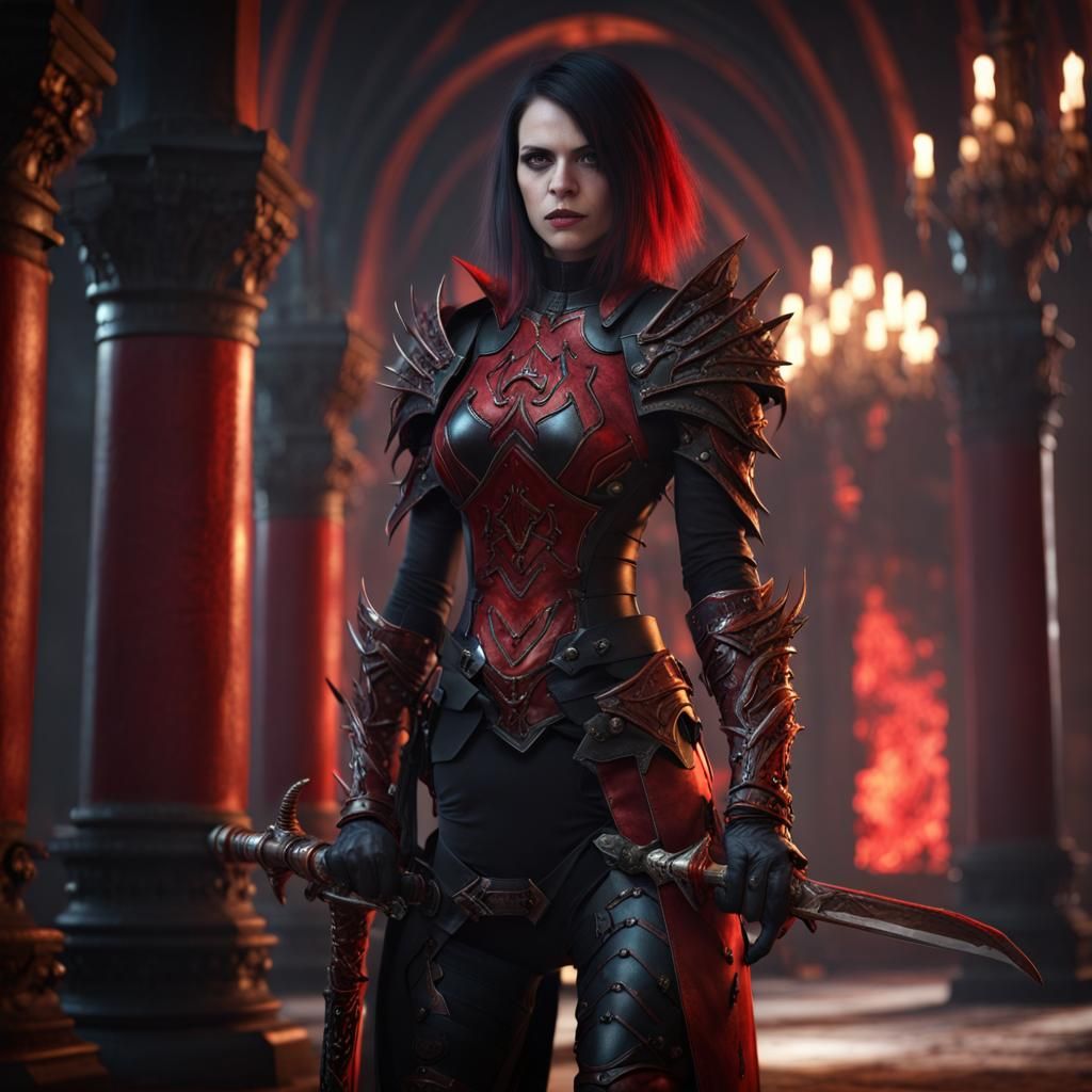 Gothic Warrior in Satanic Armor with Demonic Swords