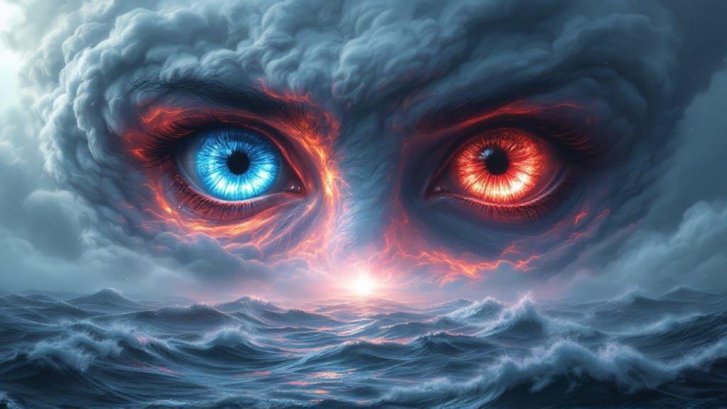 Cyberpunk Eyes in Turbulent Stormy Ocean